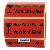 Versandaufkleber - Vorsicht Glas - 100 x 50 mm, 1.000 Warnetiketten, Papier, Verpackungsetiketten rot-schwarz