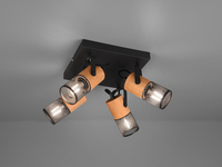 Vierflammiger LED Deckenstrahler mit Metall Gitterschirme Schwarz & Holzsockel