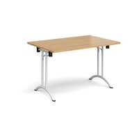 Rectangular folding leg table with white legs and curved foot rails 1200mm x 800