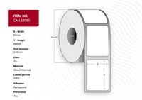 Label 90x60, Core 25, Diameter 148 mm. Thermal print. Uncoated. Permanent. 2000 labels per roll. 8 rolls per box. Druckeretiketten