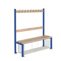 Childrens single sided cloakroom bench with shoe trays, dark blue frame, 1500mm wide
