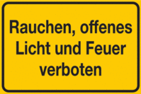 Hinweisschild - Rauchen, offenes Licht und Feuer verboten, Gelb/Schwarz, B-7525