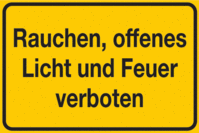 Hinweisschild - Rauchen, offenes Licht und Feuer verboten, Gelb/Schwarz, B-7525