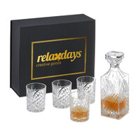 Relaxdays Whisky Set, 5-teilig, Whiskykaraffe 800 ml, 4 Whiskygläser 310 ml, Geschenkbox, Cognac Dekanter, transparent