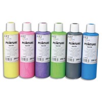 ART PLUS Lot de 6 flacons 250ml gouache. Assortis nacré : Jaune, Rose, Violet, Vert, Noir, Bleu