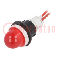 Indicator: LED; prominent; red; 230VAC; Ø13mm; leads 300mm; plastic