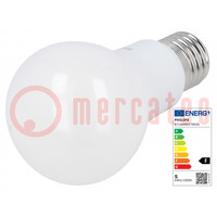 LED lámpa; fehér; E27; 230VAC; 470lm; P: 5W; 200°; 3000K; CRImin: 80