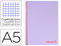 CUADERNO ESPIRAL LIDERPAPEL A5 MICRO WONDER TAPA PLASTICO 120H 90G CUADRO 5MM 5 BANDAS 6 TALADROS COLOR VIOLETA