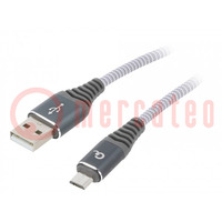 Kabel; USB 2.0; USB A wtyk,USB B micro wtyk; złocony; 2m; szary