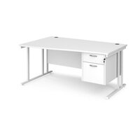 Maestro 25 left hand wave desk 1600mm wide with 2 drawer pedestal - white cantilever frame, white top