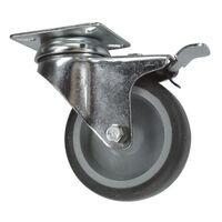 Grey thermoplastic tyred wheel, plate fixing - swivel with total-stop brake