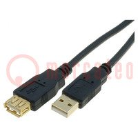 Kábel; USB 2.0; USB A aljzat,USB A dugó; aranyozott; 5m; fekete