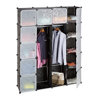 Relaxdays Kleiderschrank Stecksystem mit 2 Kleiderstangen, Garderobe mit 14 Fächer, Kunststoff Regalsystem, transparent