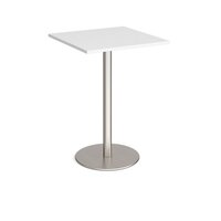Monza square poseur table with flat round brushed steel base 800mm - white
