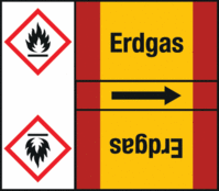Rohrmarkierungsband mit Gefahrenpiktogramm - Erdgas, Rot/Gelb, 10.5 x 12.7 cm