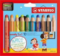 Stabilo Woody 3 in 1 Colouring Pencil and Sharpener Set Assorted Colours (Pack 10)