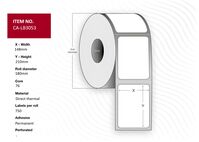 Label 148x210, Core 76, Diameter 180 mm. Thermal print. Uncoated. Permanent. 750 labels per roll. 6 rolls per box. Etichette per stampante