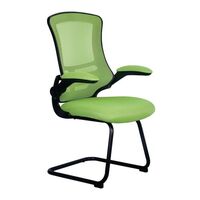 High back mesh cantilever chair with folding arms and black frame, green
