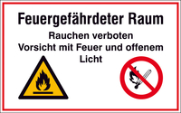 Modellbeispiel: Hinweisschild, Feuergefährdeter Raum, Rauchen verboten, Vorsicht mit Feuer und... (Art. 41.d9060)