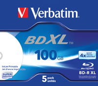 Verbatim BD-R XL 100 GB* 4x, z możliwością wykonywania szerokich nadruków na drukarce atramentowej, zestaw 5 szt. w opakowaniu plastikowym