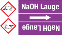 Rohrmarkierungsband mit Gefahrenpiktogramm - NaOH Lauge, Violett, 6.5 x 12.7 cm