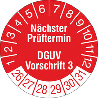 Prüfplakette, Nächster Prüftermin DGUV Vorschrift 3, 1000 Stk/Rolle, 1,5 cm Version: 2026 - Prüfjahre: 2026-2031, rot/weiß