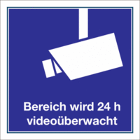 Videokennzeichnung - Bereich wird 24 h videoüberwacht, Weiß/Blau, 10 x 10 cm