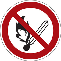 Verbotsschild "Keine offene Flamme, Feuer, offene Zündquelle und Rauchen verboten" [P003], Kunststoff (1 mm), ? 200 mm, ASR A1.3 / ISO 7010