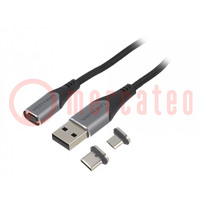 Kabel; magnetyczny,USB 2.0; 0,5m; czarny; Żyła: Cu,cynowana; 3A