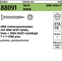 ART 88091 SPAX St. 6 x 50/43 -T30 WIROX, Senkkopf gal Zn VE=S