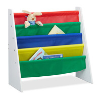 Relaxdays Bücherregal für Kinder, Aufbewahrungsregal, Spielzeugregal, aus MDF+Polyester, mit 4 Stofffächern, mehrfarbig