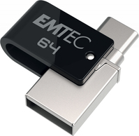 Emtec T260C USB flash meghajtó 64 GB USB Type-A / USB Type-C 3.2 Gen 1 (3.1 Gen 1) Fekete, Rozsdamentes acél