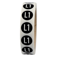 Leiterkennzeichen, DIN 40108, Polyester, schwarz, Ø 15 mm, Aufdruck: L1, Wechselstromnetz Außenleiter 1, weiß, 1.000 Etiketten