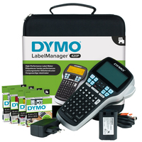 DYMO LabelManager 420P nagy teljesítményű, újratölthető, hordozható, kézi feliratozógép készlet, ABC billentyűzet, 4 tekercs D1 címkével és hordtáskával