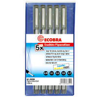 Normalansicht - Ecobra Pigmentliner 5er-Set, zum Schreiben, Skizzieren und Zeichnen, Strichstärken 0,05/0,1/0,3/0,5/0,7 mm, in Weichplastiktasche mit Einleger