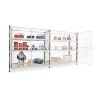 Heavy duty security cage shelving, with chipboard decks