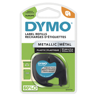 DYMO Oryginalne etykiety metaliczne LetraTag | Czarny nadruk na metalicznym srebrze | 12 mm x 4 m | Samoprzylepne etykiety uniwersalne do etykieciarek LetraTag