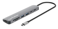 Manhattan USB-C dock/hub met kaartlezer, poorten (5): HDMI, USB-A (2×) en USB-C (2×), met Power Delivery (PD) 100 W - vereist een externe USB-C-lader (niet inbegrepen). USB-gevo...
