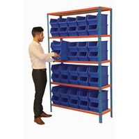 Boltless shelving with small parts bins, blue bins