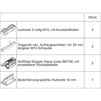 Produktbild zu HAWA Junior 100/B Beschlagset Holz SoftStop Tragschraube 20 mm länger (30230)