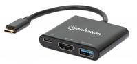 Manhattan USB-C Dock/Hub, Ports (x3): HDMI, USB-A and USB-C, With Power Delivery (100W) to USB-C Port (Note additional USB-C wall charger and USB-C cable needed), Cable 10cm, Bl...