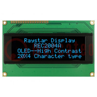 Display: OLED; alphanumeric; 20x4; Dim: 98x60x10mm; blue; PIN: 16