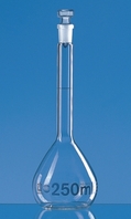 200ml Volumetric flasks boro 3.3 class A blue graduations with glass stoppers incl. ISO individual certificate