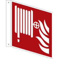Brandschutzzeichen Fahnenschild "Löschschlauch" [F002], Aluminium, 200 x 200 x 0,5 mm, langnachleuchtend, 55 / 8 mcd, LimarLite®, ASR A1.3 / ISO 7010, doppelseitig bedruckt