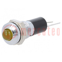 Indicator: LED; prominent; yellow; 12VDC; Ø8mm; for PCB; brass