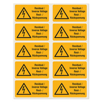 Warnschild 50,8 x 25,4 mm, Achtung! Rest-/ Rückspannung, Warnung elektrische Spannung, Polyesteretiketten, 100 Warnaufkleber