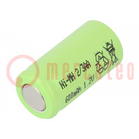 Re-battery: Ni-MH; 2/3AA; 1.2V; 600mAh; Ø13.9x28.1mm