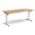 Rectangular folding leg table with silver legs and straight foot rails 1800mm x 800mm - oak