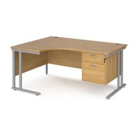 Maestro 25 left hand ergonomic desk 1600mm wide with 2 drawer pedestal - silver cantilever leg frame, oak top