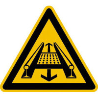 Warnschild Warnung vor Förderanlage im Gleis, Alu geprägt, Größe 200 mm DIN 4844-2 D-W029
